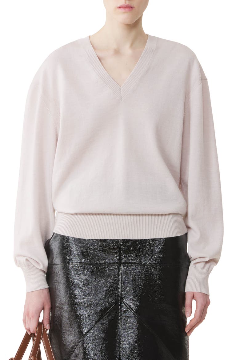 V-Neck Merino Sweater With Grosgrain Detail, Alternate, color, White