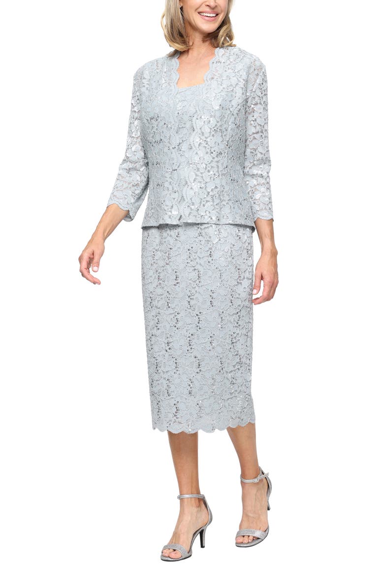 SLNY Lace Sequin Detail Dress & Jacket 2-Piece Set, Main, color, SAGE