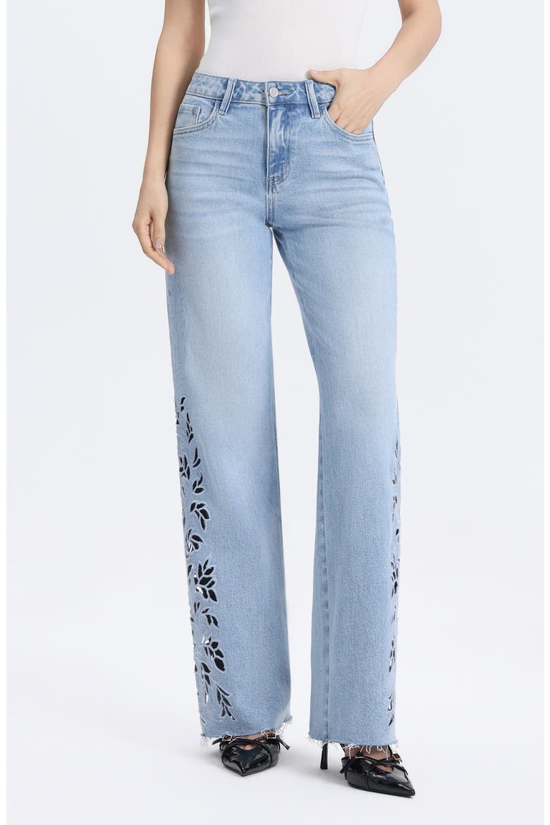Floral Raw Hem Straight Leg Jeans, Main, color, LIGHT BLUE