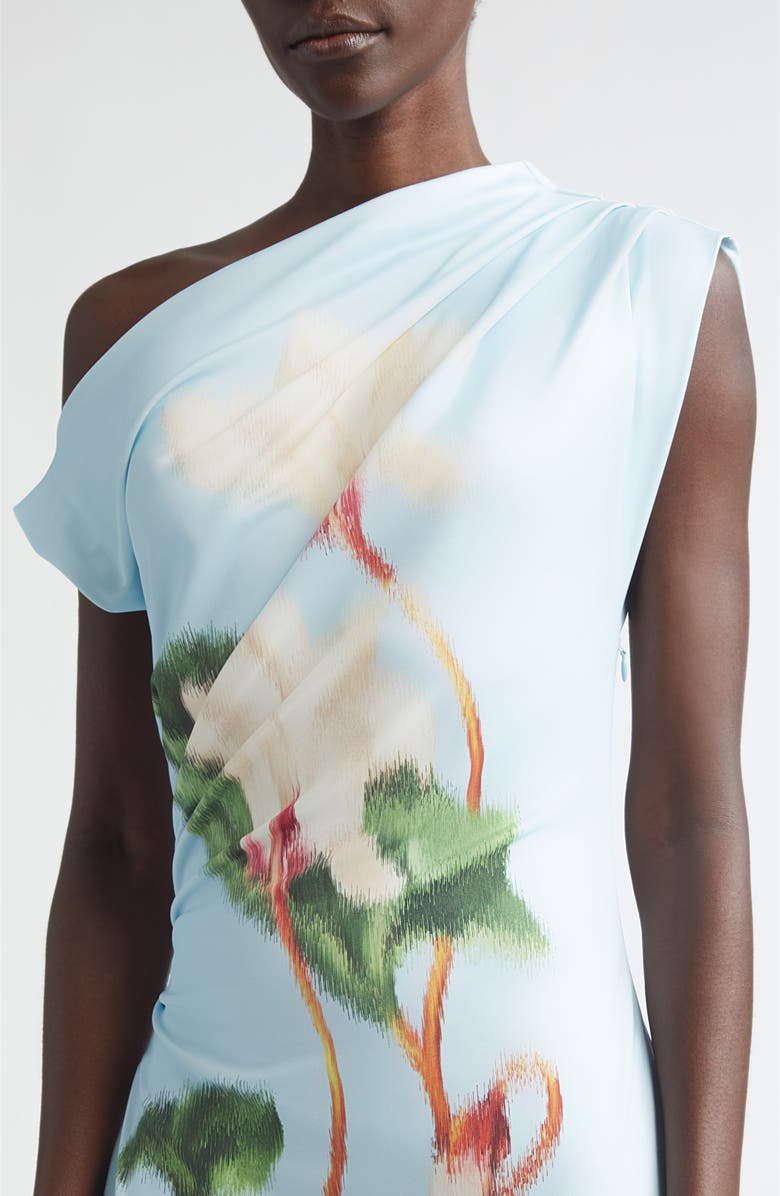 Oscar de la Renta Chiné Cyclamen One-Shoulder Dress, Alternate, color, White/ Light Blue