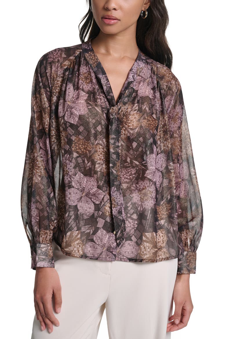 Foil Chiffon Tie Neck Top, Main, color, CHOCOLATE MULTI
