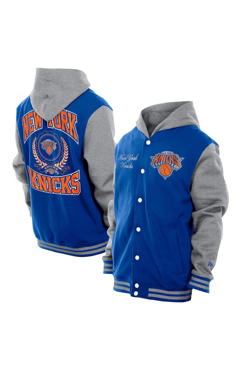 New Era Men's New Era  Blue New York Knicks Throwback Prep Chenille Full-Snap Hooded Varsity Jacket, Alternate, color, 