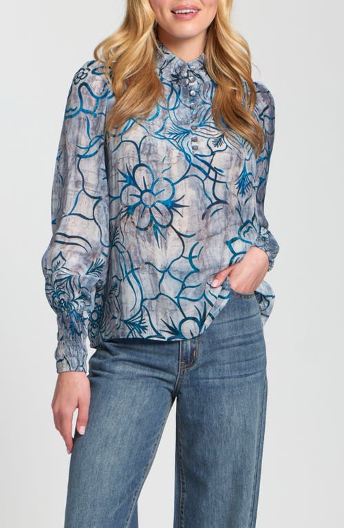 Apny Puff Shoulder Button Front Top In Blue