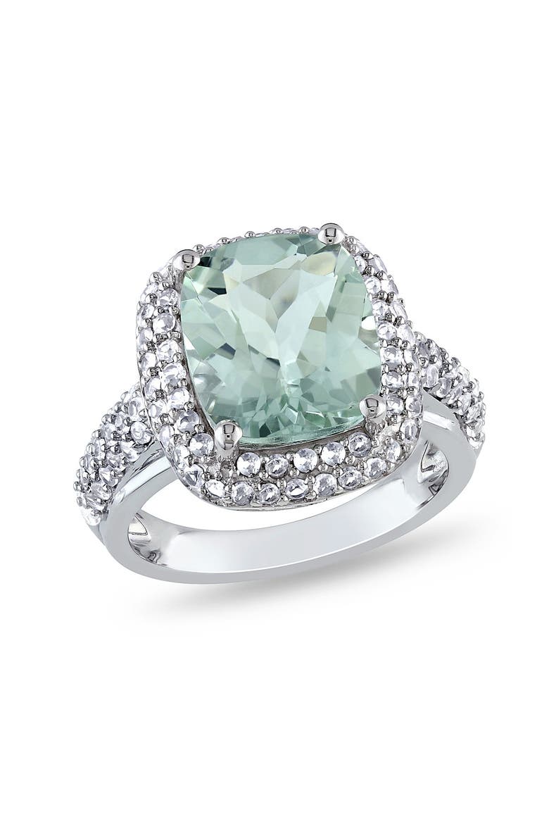 Sterling Silver Created White Sapphire Double Halo Prasiolite Ring, Main, color, GREEN