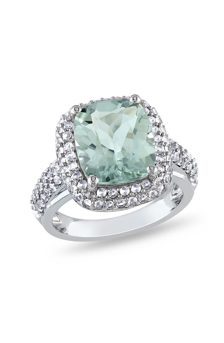 DELMAR Sterling Silver Created White Sapphire Double Halo Prasiolite Ring, Main, color, Green