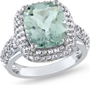 DELMAR Sterling Silver Created White Sapphire Double Halo Prasiolite Ring