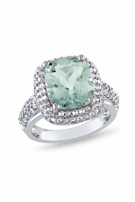 DELMAR Sterling Silver Created White Sapphire Double Halo Prasiolite Ring