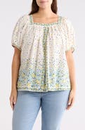 MAX STUDIO Square Neck Puff Sleeve Cotton Blend Top