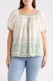 MAX STUDIO Square Neck Puff Sleeve Cotton Blend Top