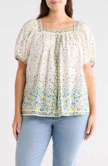 MAX STUDIO Square Neck Puff Sleeve Cotton Blend Top