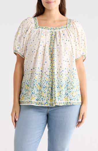 MAX STUDIO Square Neck Puff Sleeve Cotton Blend Top