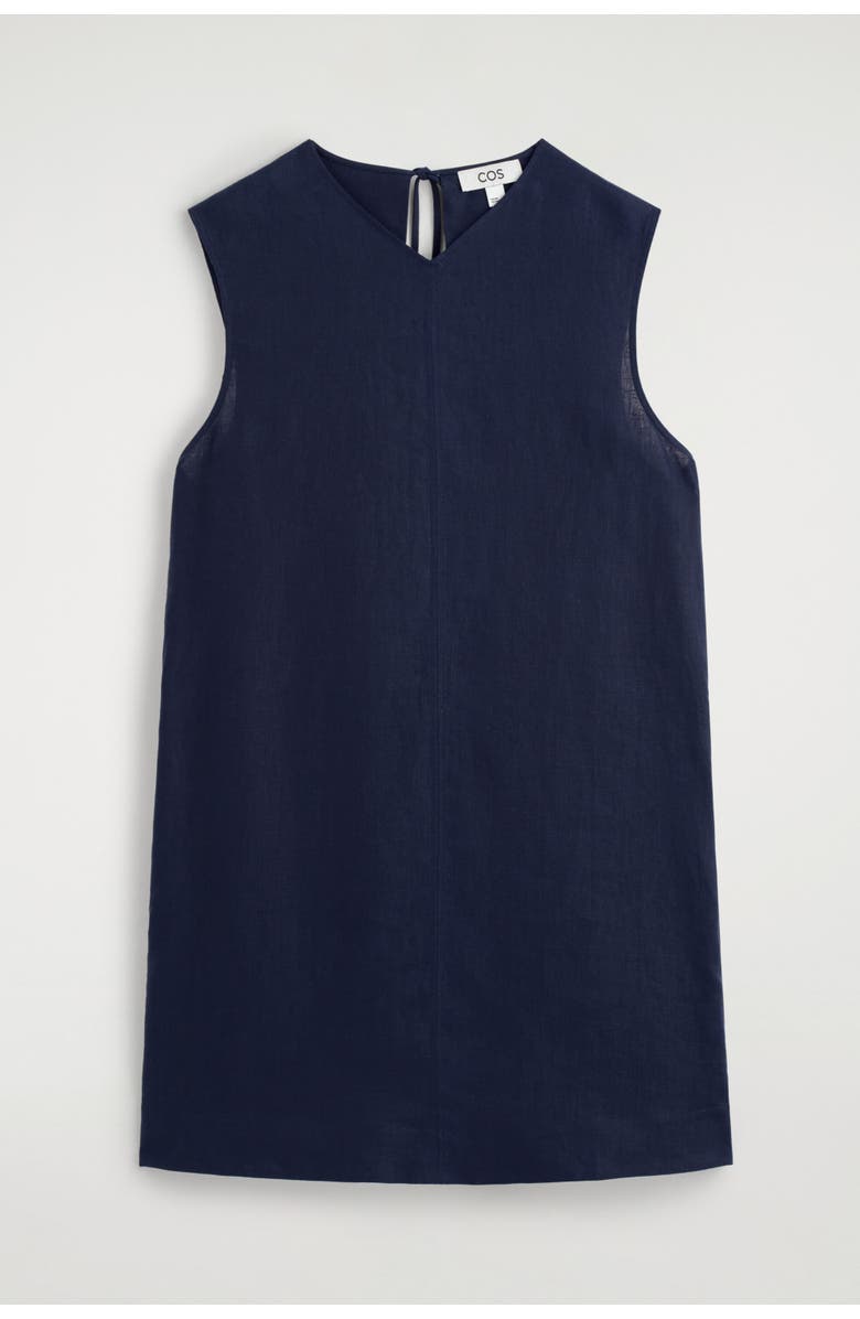 COS V-neck Open-back Linen Mini Dress, Alternate, color, Navy