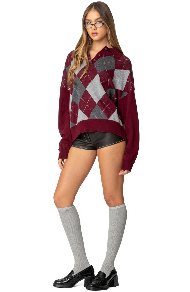 EDIKTED Argyle Oversize Cotton Polo Sweater, Alternate, color, Burgundy