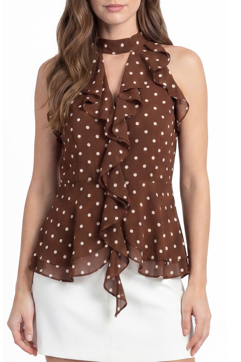 Polka Dot Ruffle Sleeveless Top, Main, color, CHOCOLATE DOT