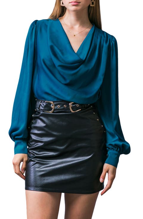 Cowl Neck Long Sleeve Satin Top