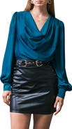 FLYING TOMATO Cowl Neck Long Sleeve Satin Top
