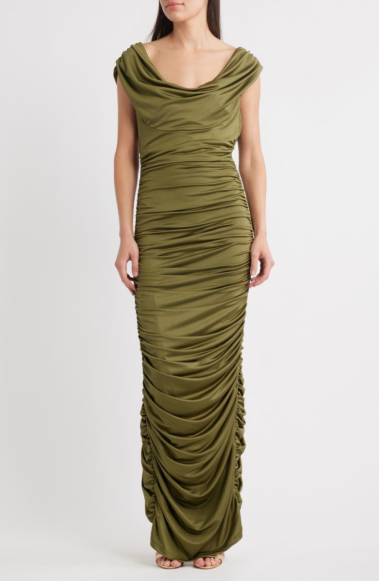 Black Halo Evangeline Ruched Satin Gown, Main, color, Hunter Green