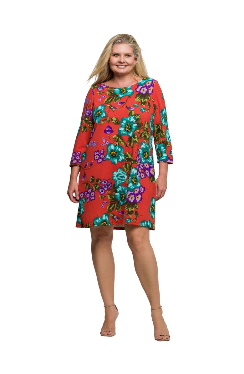 24seven Comfort Apparel Floral Print Three Quarter Sleeve A-Line Knee Length Dress, Main, color, Orange Multi