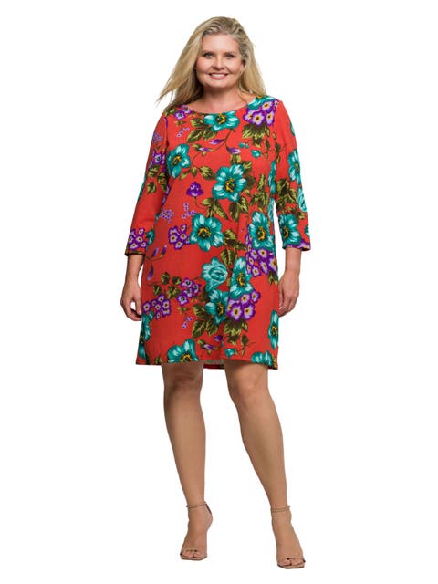 Floral Print Three Quarter Sleeve A-Line Knee Length Dress