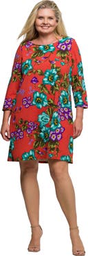 24seven Comfort Apparel Floral Print Three Quarter Sleeve A-Line Knee Length Dress