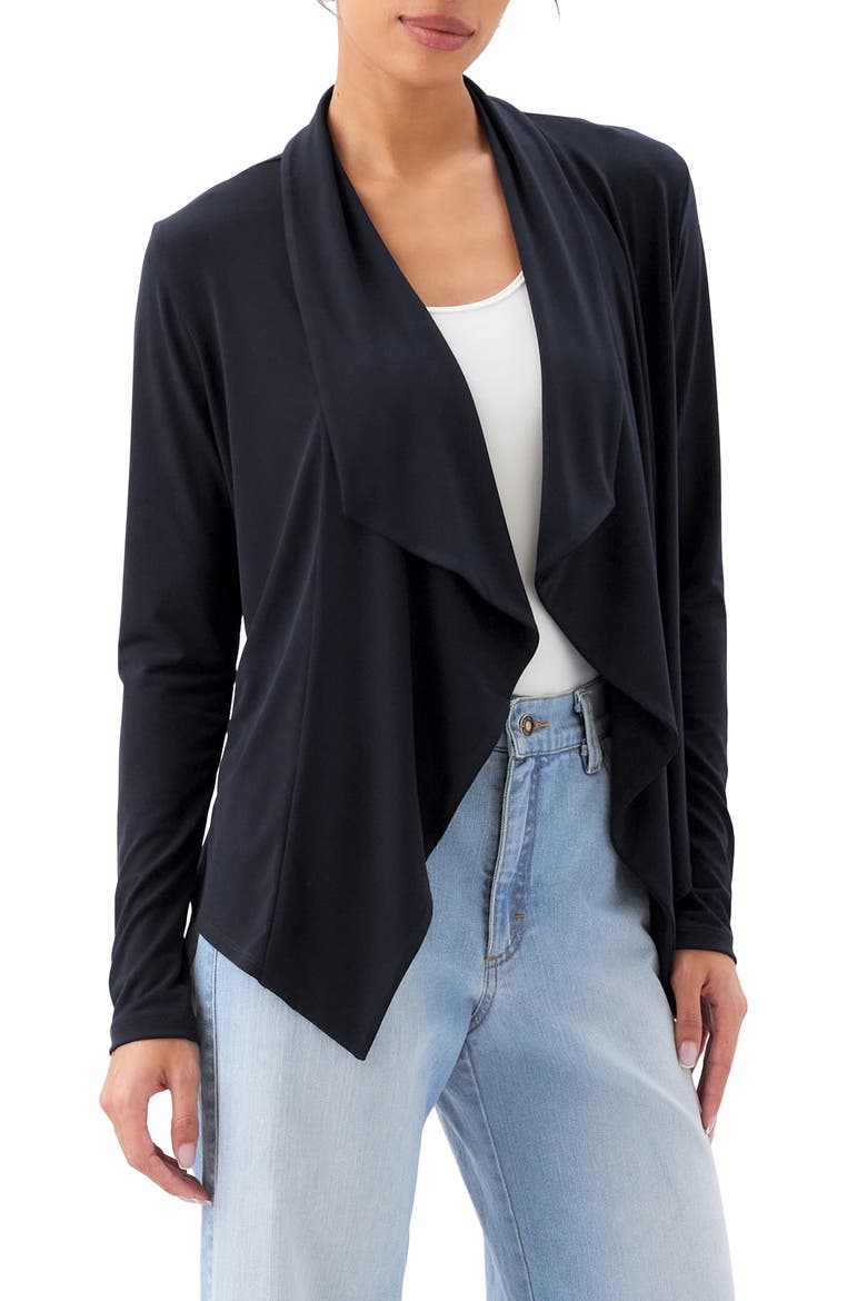 Travel Jersey Open Front Cardigan, Alternate, color, BLACK