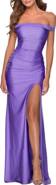 La Femme Off the Shoulder Dress with Tie Back and Slit
