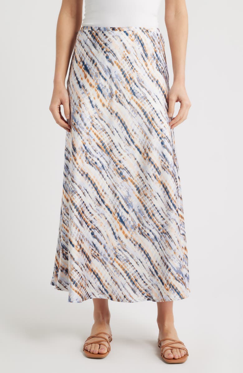 CITY BLUES Bias Cut Satin Maxi Skirt, Main, color, Caramel/ Cadet Blue