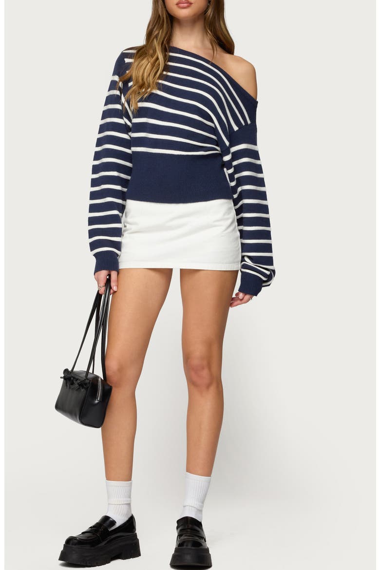 Mika Stripe Oversize Off the Shoulder Sweater, Alternate, color, NAVY