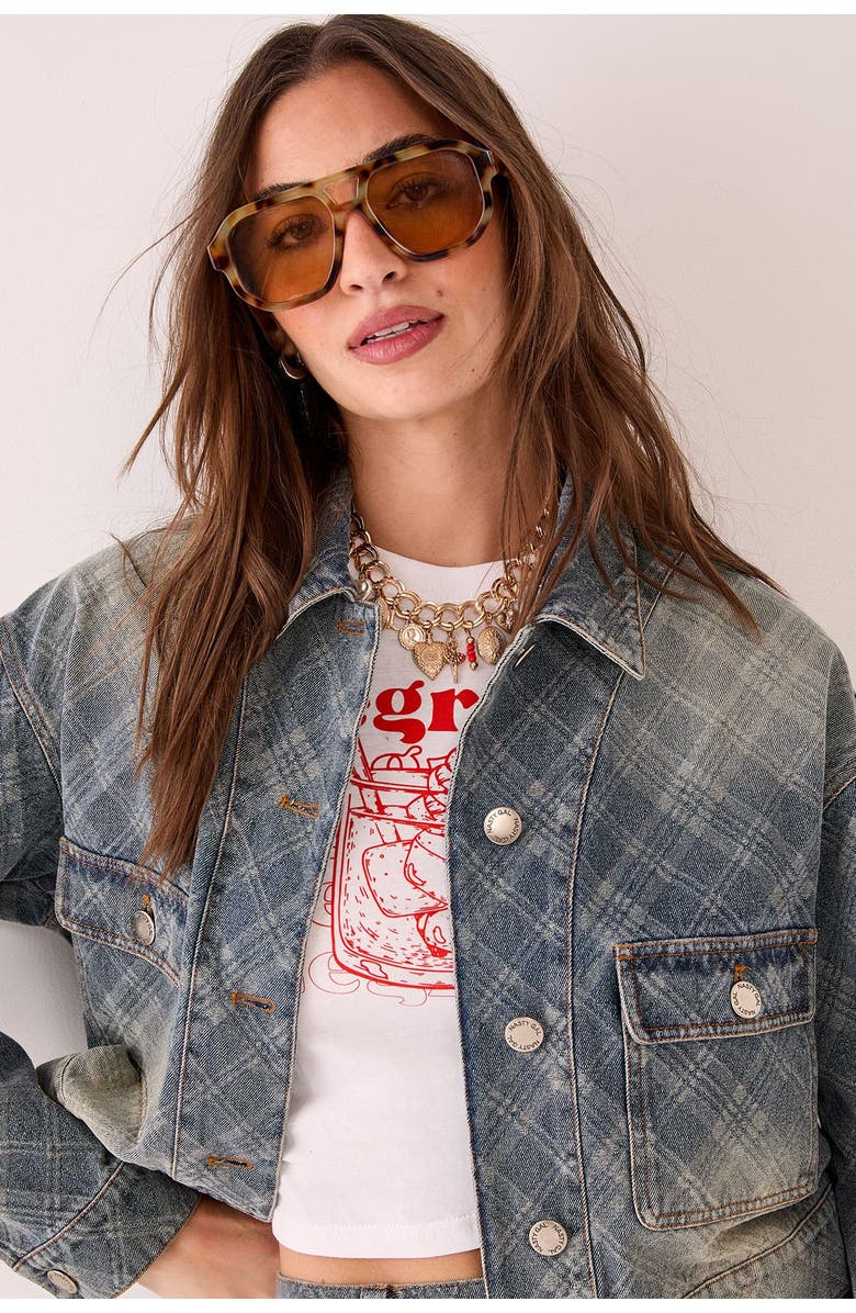 NASTY GAL Check Denim Distressed Jacket, Alternate, color, Authentic Midwash
