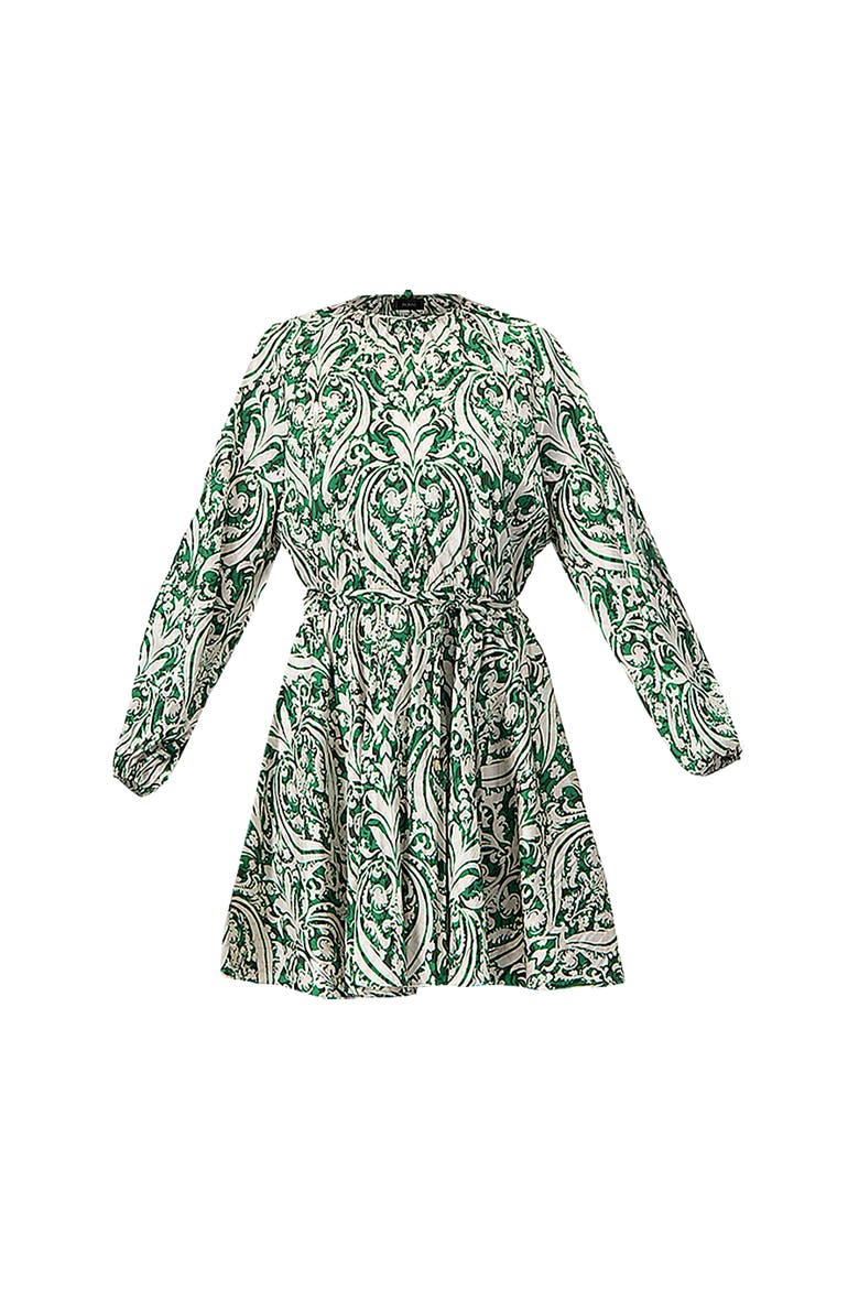 Baroque Print Mini Dress with Belted Waist, Alternate, color, Green