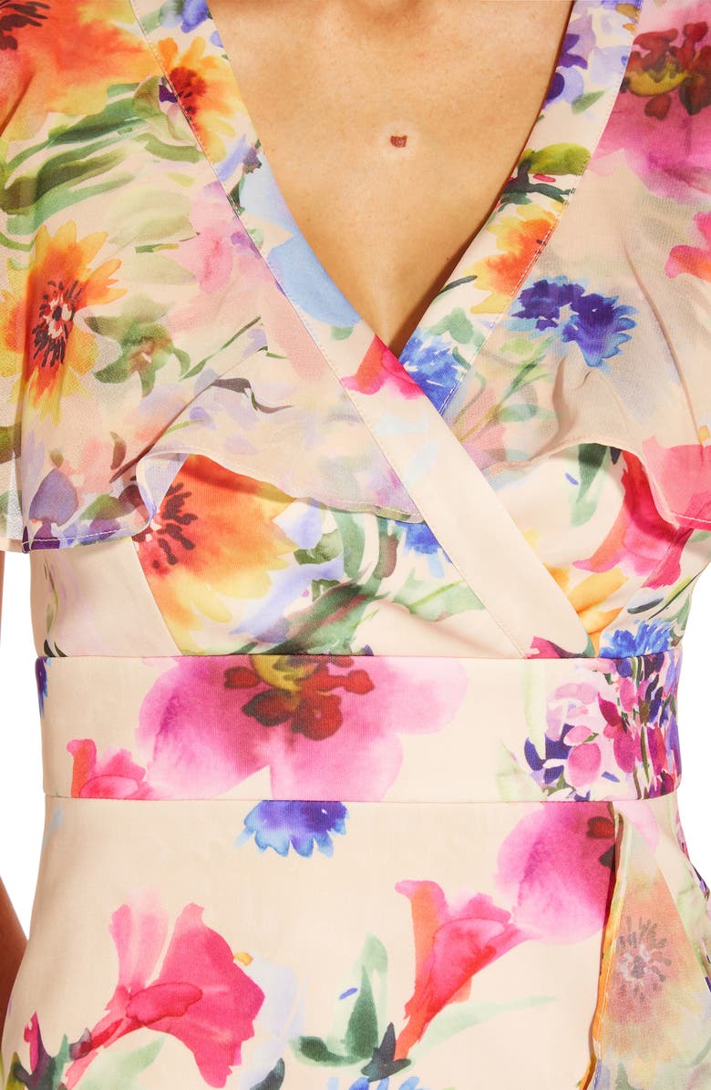 Adrianna Papell Floral Ruffle Faux Wrap Midi Dress, Alternate, color, 