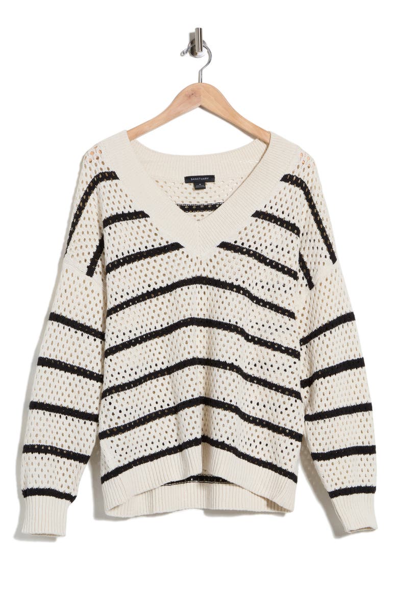 Airy Openwork Sweater, Alternate, color, CHALK WHITE/ BLACK