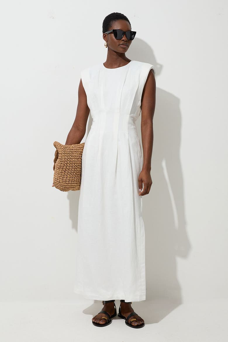 Linen Blend Pintuck Midi Dress, Alternate, color, White