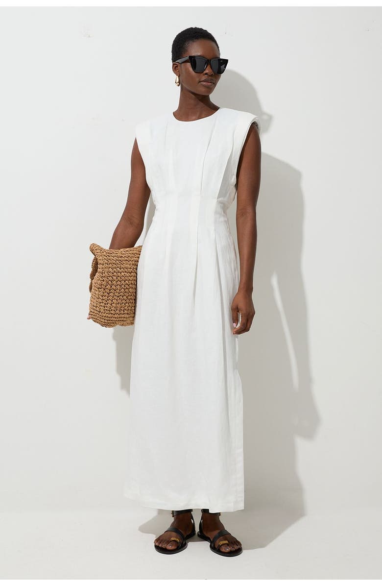 Karen Millen Linen Blend Pintuck Midi Dress, Alternate, color, White