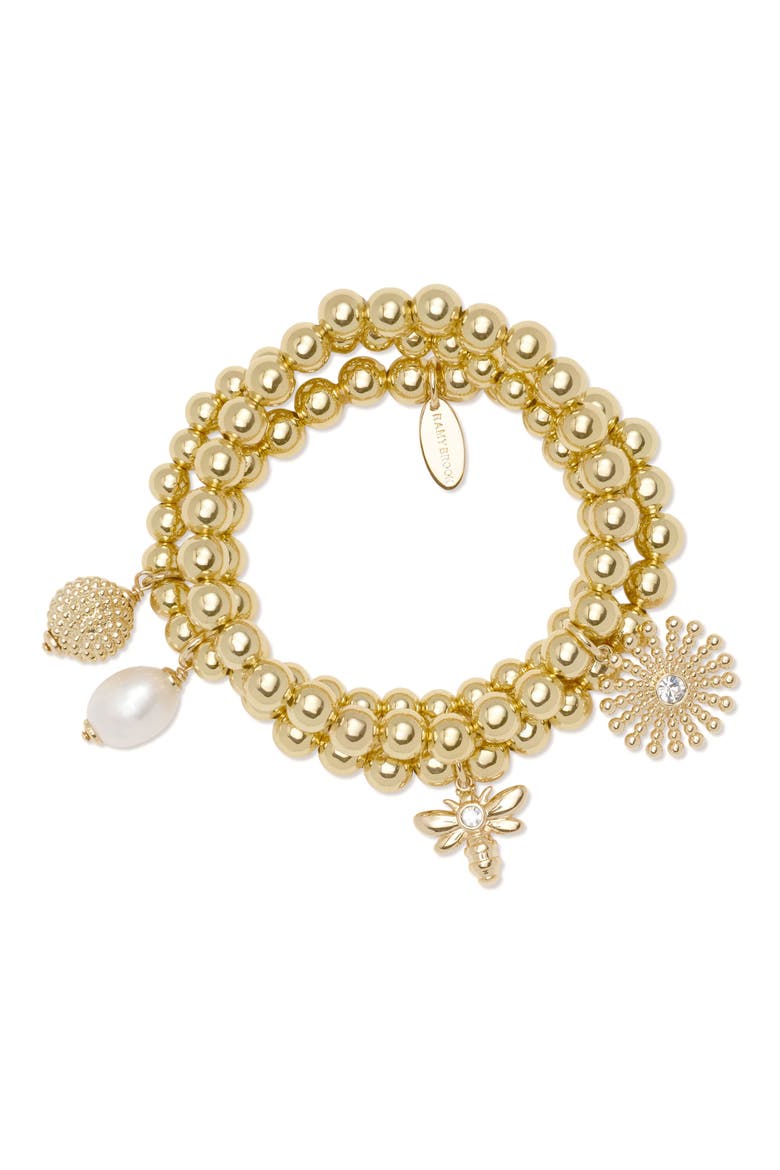 Lina Set of 2 Beaded Charm Stretch Bracelets, Main, color, GOLD