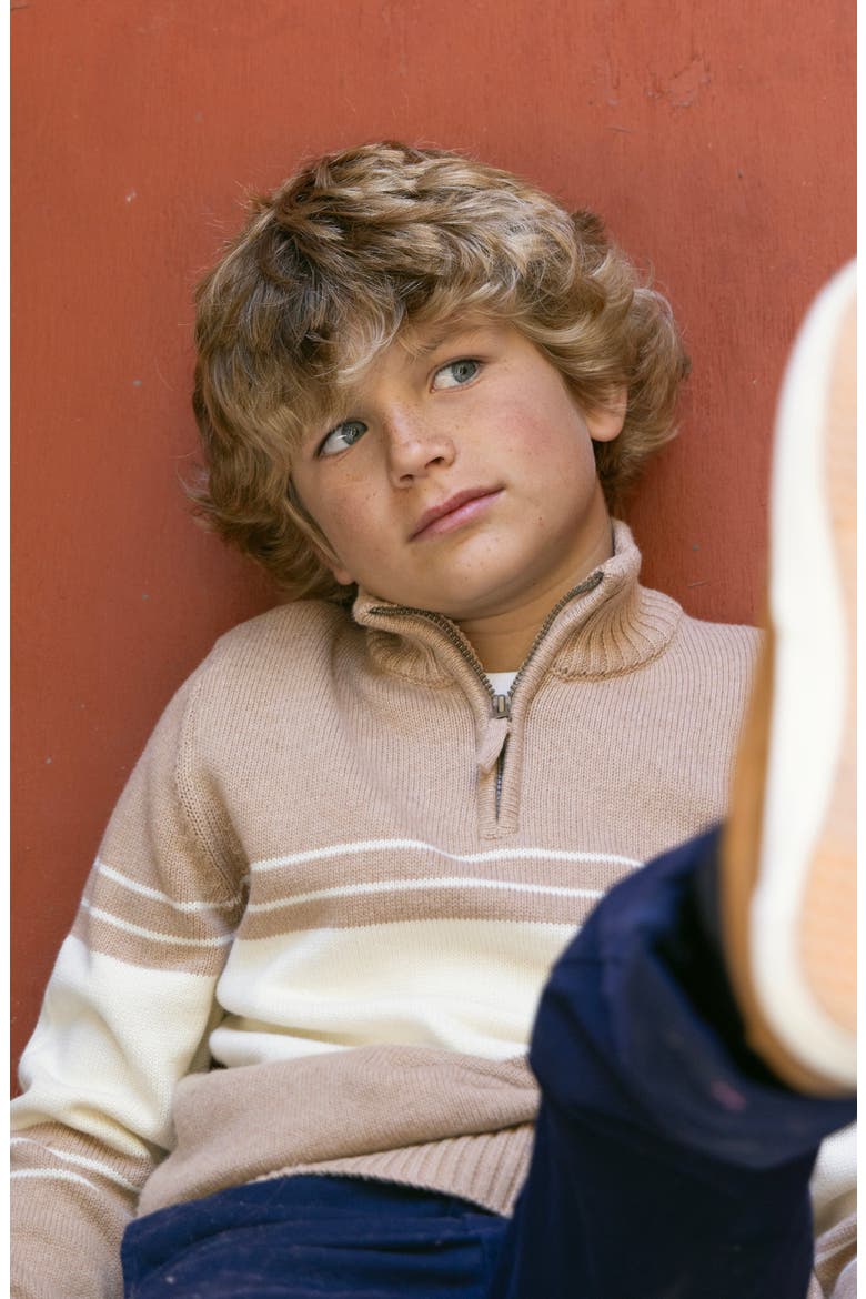 Kids' Organic Half Zip Stripe Sweater, Alternate, color, Camel and Ivory Chest Stripe