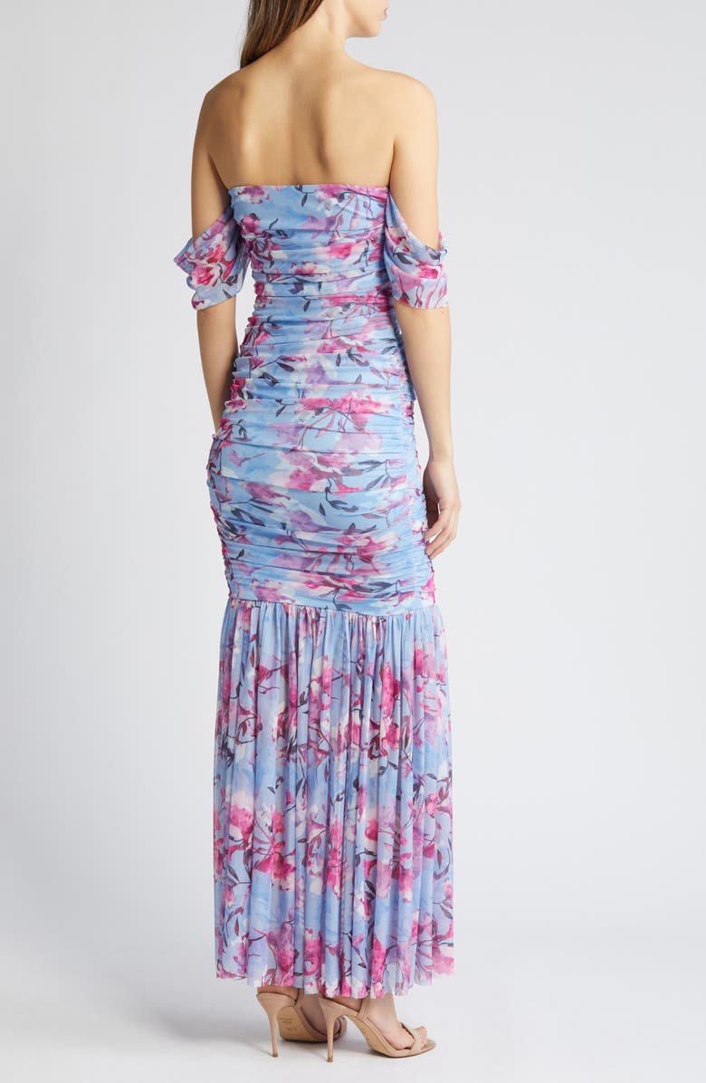 bebe Floral Ruched Off the Shoulder Mesh Gown, Alternate, color,