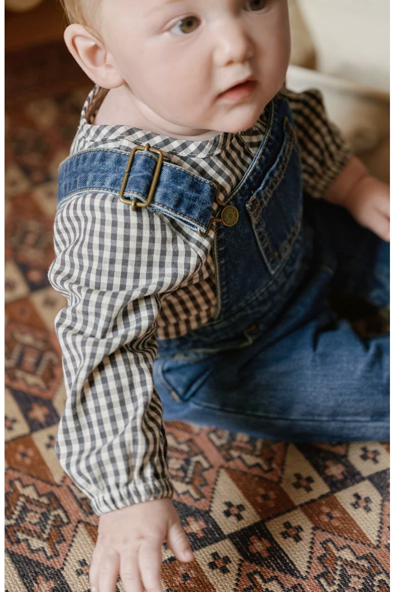 Gingham Check Long Sleeve Organic Cotton Bodysuit, Alternate, color, INDIGO