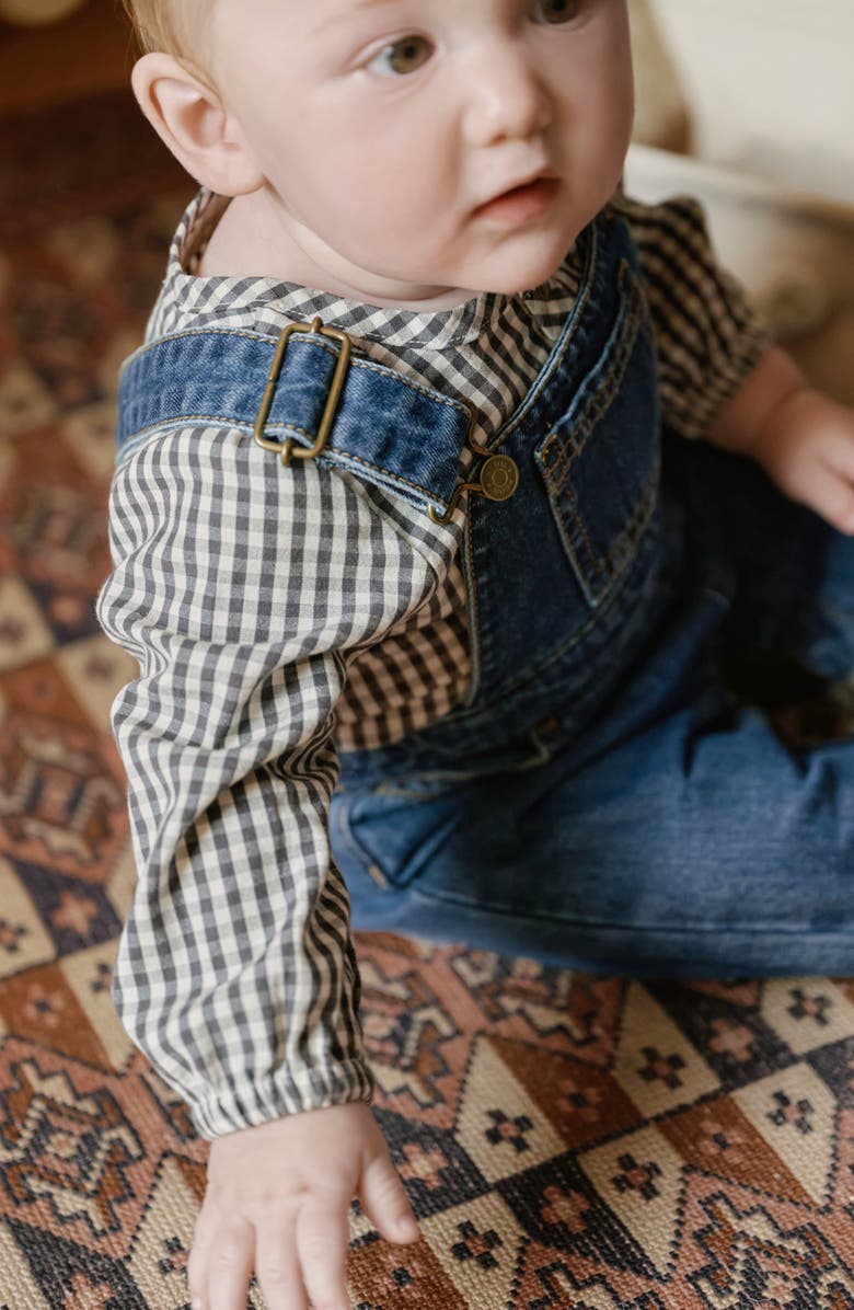 Pehr Gingham Check Long Sleeve Organic Cotton Bodysuit, Alternate, color, Indigo