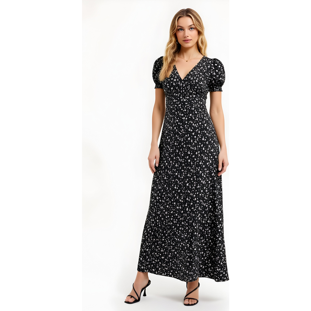 Modenaire Floral Print Maxi Dress With Puff Sleeves In Black