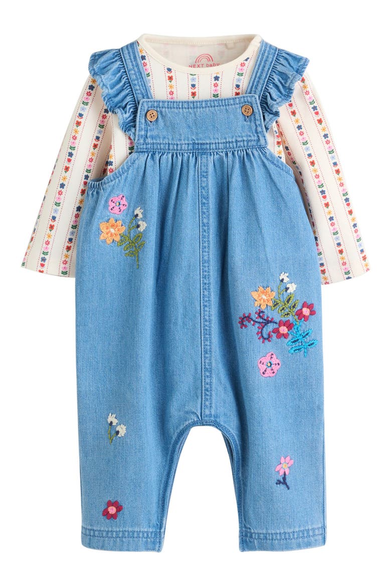 Kids' Print Bodysuit & Embroidered Denim Overalls Set, Main, color, BLUE