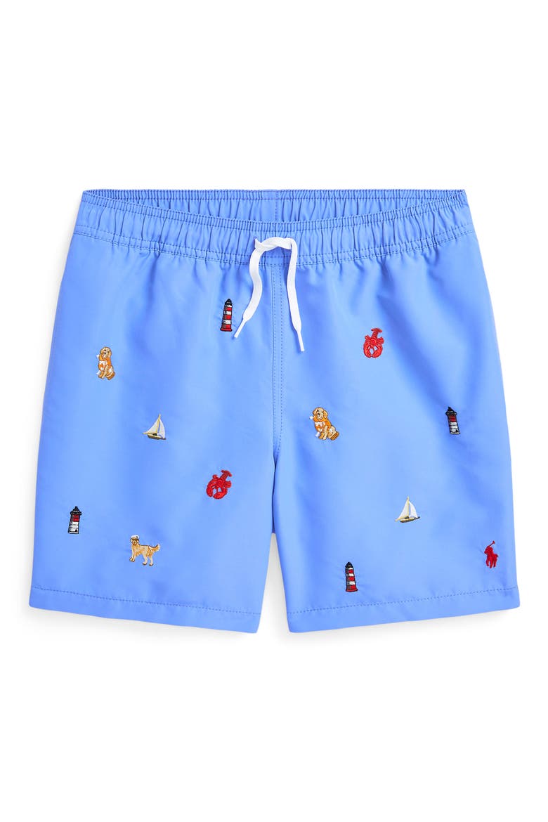 Kids' Traveler Nautical Embroidered Recycled Polyester Swim Trunks, Main, color, NANTUCKET SCHIFFLI