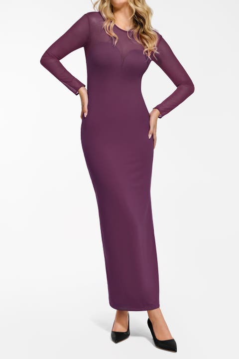 Shapewear Mesh Long Sleeve V-Back Slimming Maxi Dress