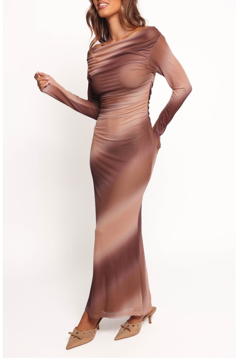 Hesper Off the Shoulder Long Sleeve Maxi Dress, Alternate, color, BROWN MULTI
