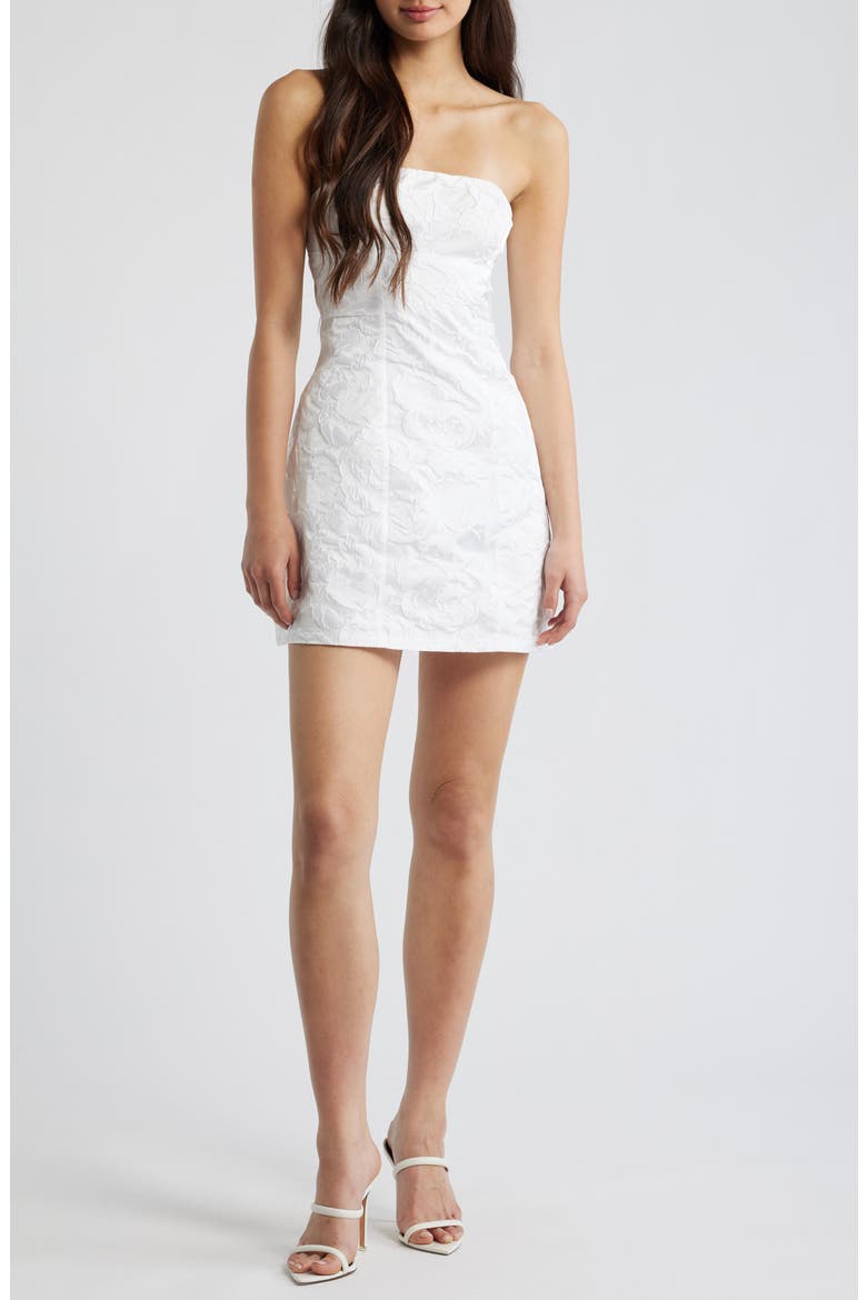 Cross Your Heart Floral Jacquard Strapless Minidress, Main, color, WHITE