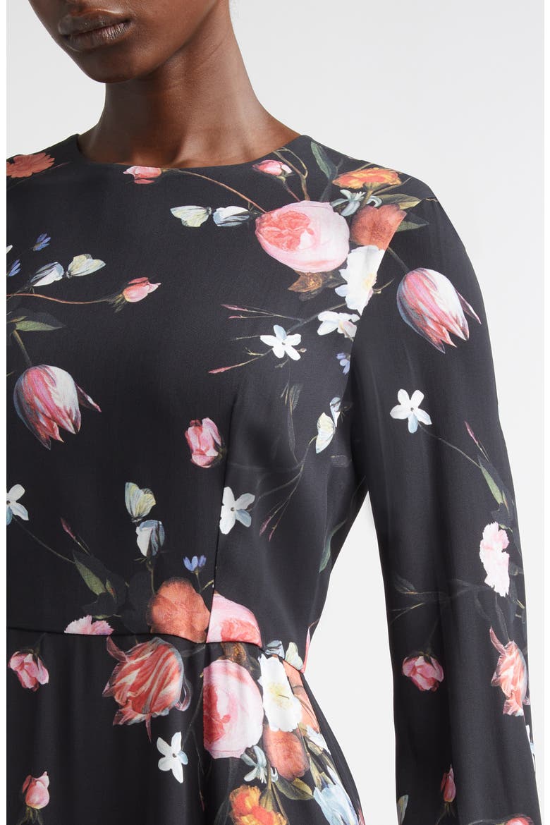 Floral Long Sleeve Crepe Midi Dress, Alternate, color, DUTCH FLOWER PAINTING BLACK