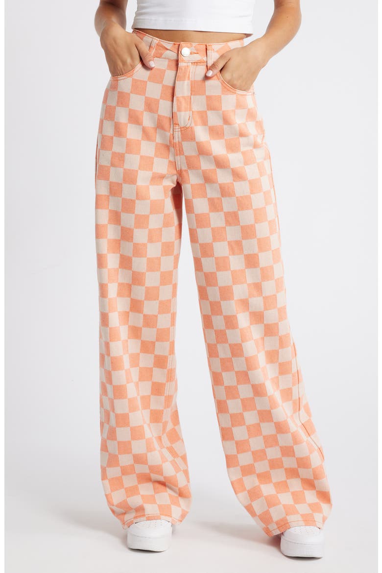 Checkerboard High Waist Baggy Pants, Main, color, ORANGE