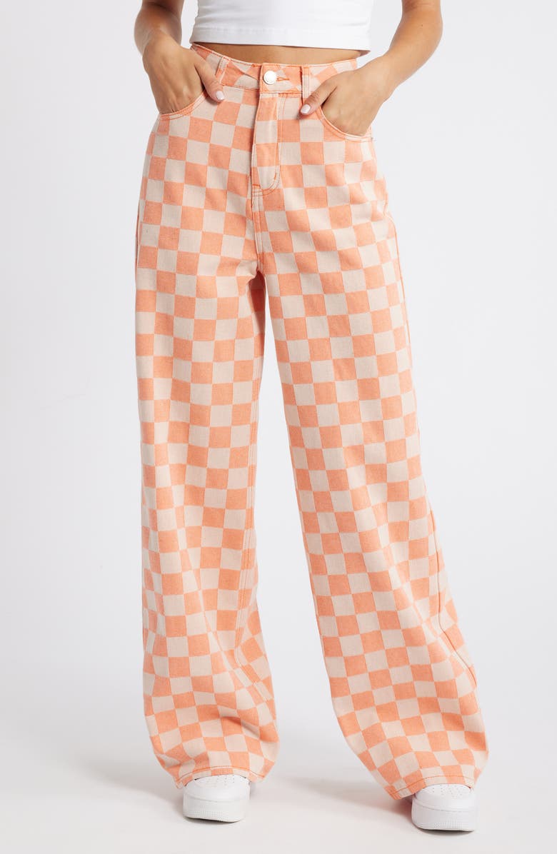 NASTY GAL Checkerboard High Waist Baggy Pants, Main, color, Orange
