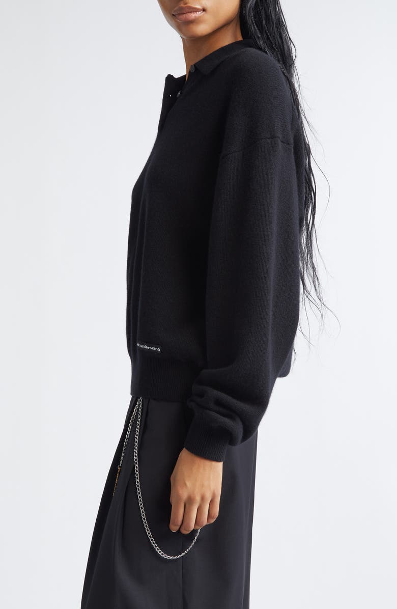 Alexander Wang Long Sleeve Wool Blend Polo Sweater with Logo Patch, Alternate, color, Black