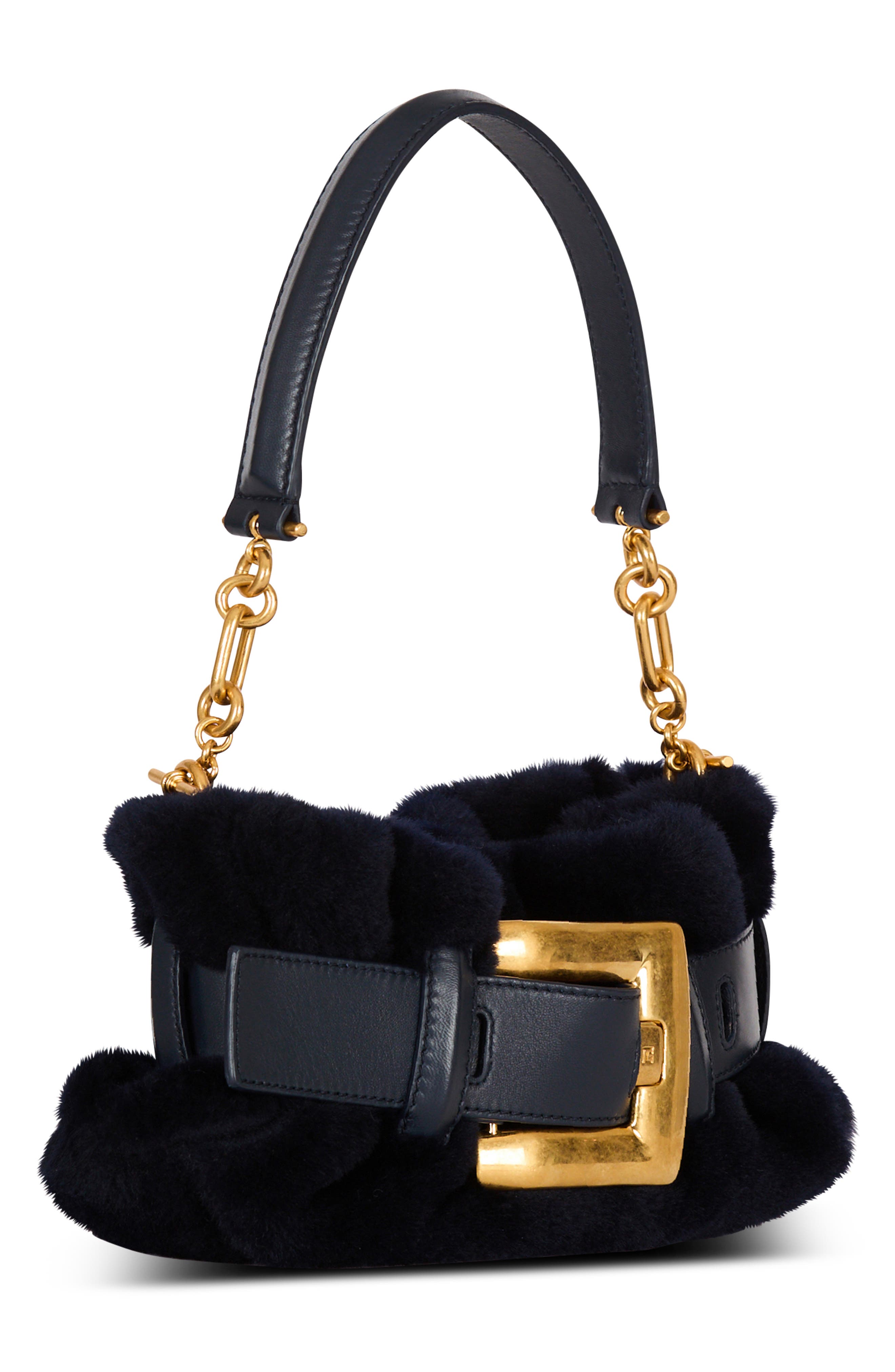 Balmain Mini Anthem Genuine Shearling Shoulder Bag, Alternate, color, Raven